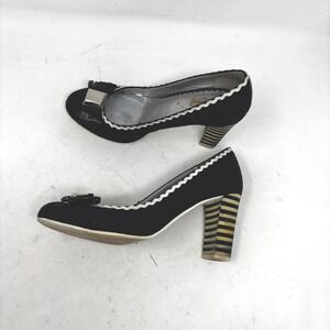 Pura Bianca Witchy Pumps Size 6 Striped Block Heel Tweed Leather Bow Detail